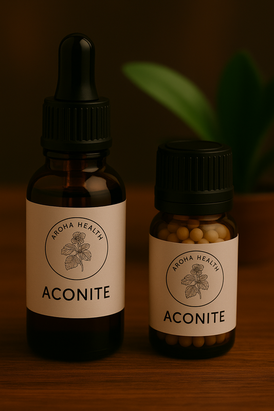 Two amber glass bottles of Aroha Health remedies are displayed on a wooden surface. The larger bottle with a black dropper cap and the smaller bottle filled with round beige pellets both feature white labels with the Aroha Health logo and the word “Aconite.” A blurred green plant is visible in the background.