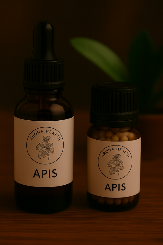 Two amber glass bottles of Aroha Health remedies labeled “Apis” are placed on a wooden surface. The larger bottle with a dropper cap contains liquid, while the smaller bottle holds round beige pellets. Both labels feature the Aroha Health logo with a botanical illustration, with a blurred green plant in the background.