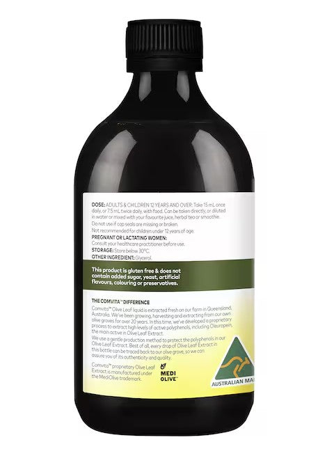 Back of comvita olive leaf extract bottle original flavour on white background.